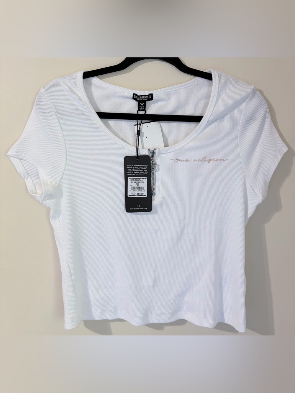 True Religion Women's Optic White Ribbed Half-Zip Short Sleeve Tee, Size XL